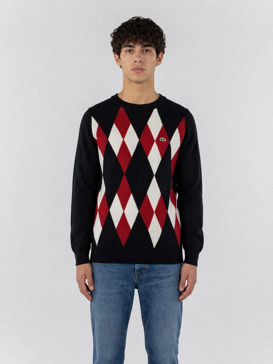 Lacoste Argyle Strickpullover – Schwarz/Rot/Weiß (S)