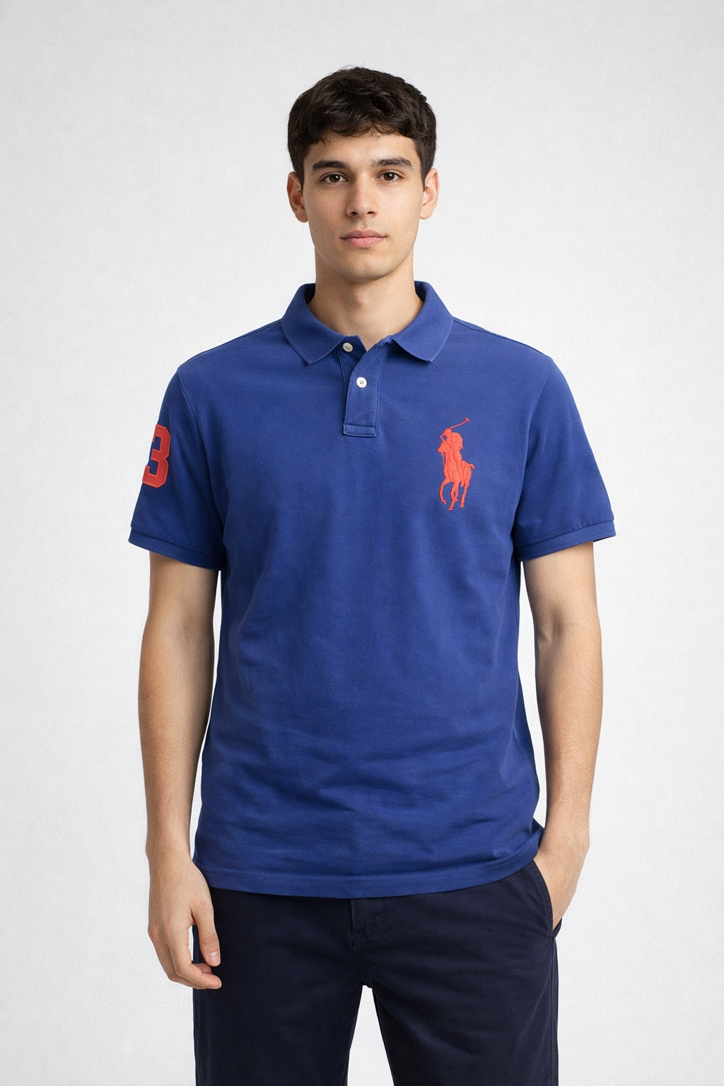 Polo Ralph Lauren Polo Shirt Blau – Big Pony Logo Rot, Custom Fit (L)