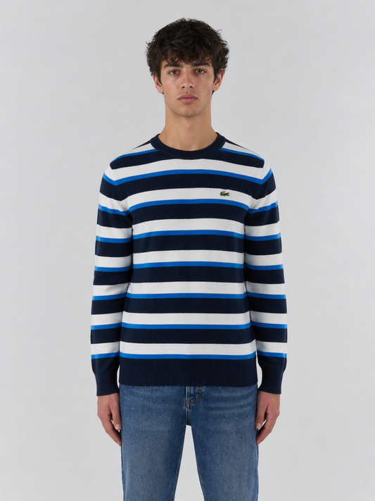 Lacoste gestreifter Strickpullover – Navy/Weiß/Blau (M)