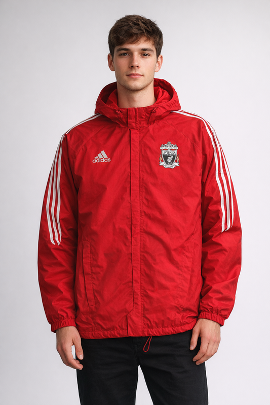 Adidas Liverpool FC Windbreaker Jacke – Rot mit Kapuze – Vintage Football Style (L)